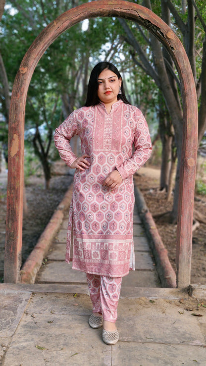 Elegant Woolen Ethnic Suit in Pastel Pink