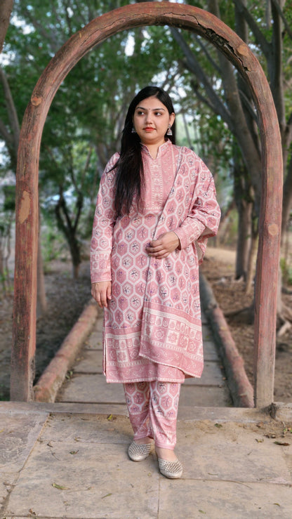 Elegant Woolen Ethnic Suit in Pastel Pink