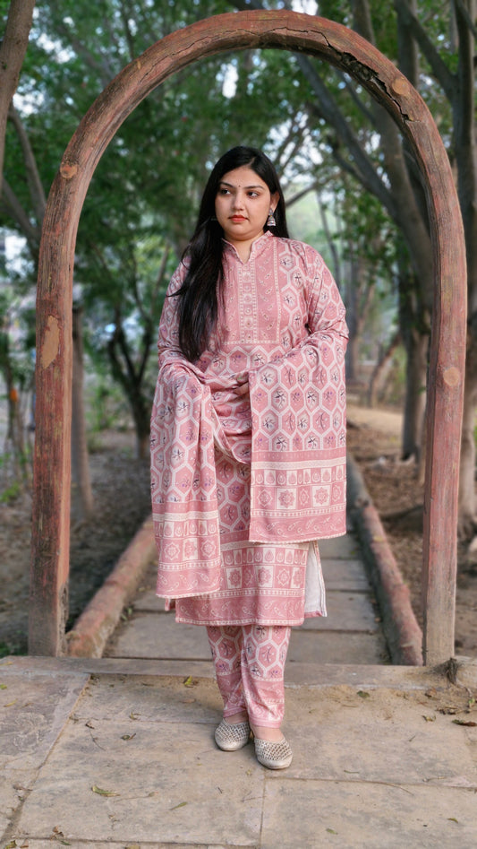 Elegant Woolen Ethnic Suit in Pastel Pink