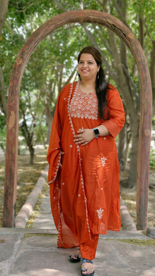 Rust Orange Elegance Embroidered Suit Set