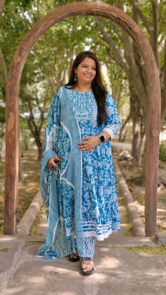 Aqua Vibe Cotton Printed Anarkali Suit Set