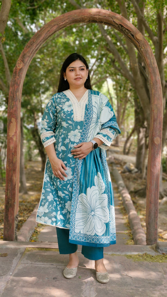 Gulnoor Teal Blossom Cotton Suit Set