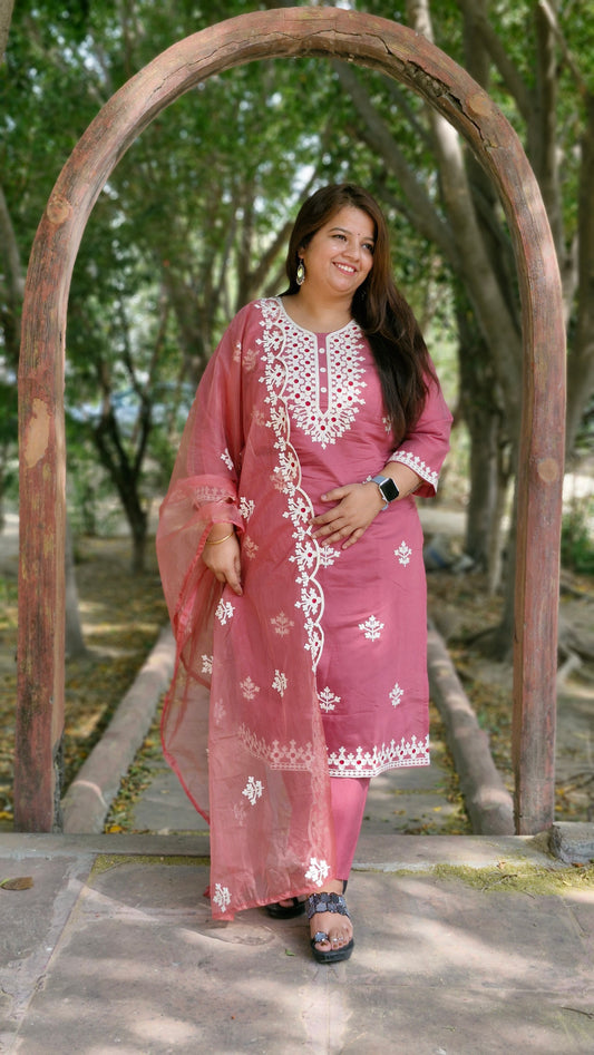 Dusty Rose Embroidered Dola Silk Suit Set