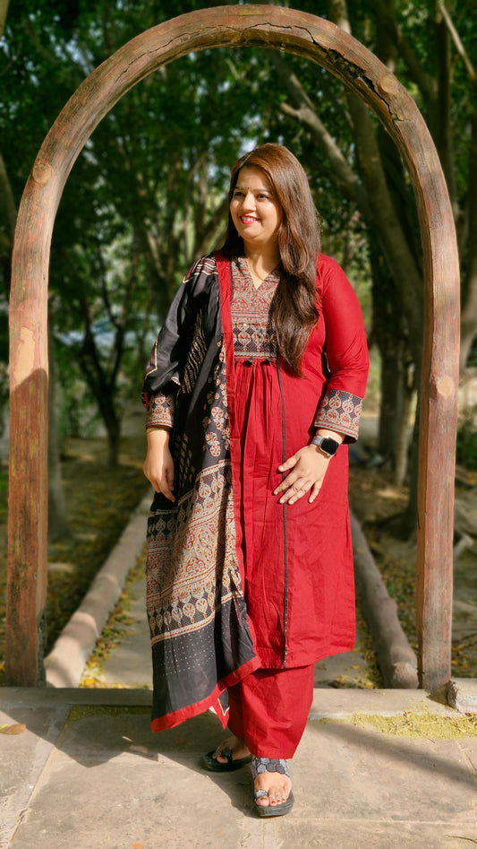 Ruby Maroon Printed Cotton Suit Set with Contrast Dupatta
