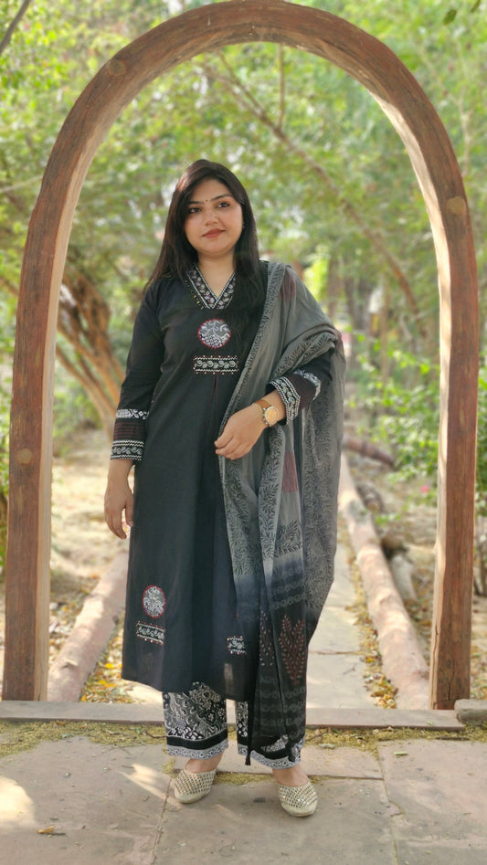 Ajrakh Print Style with Thread Embroidery Suit Set