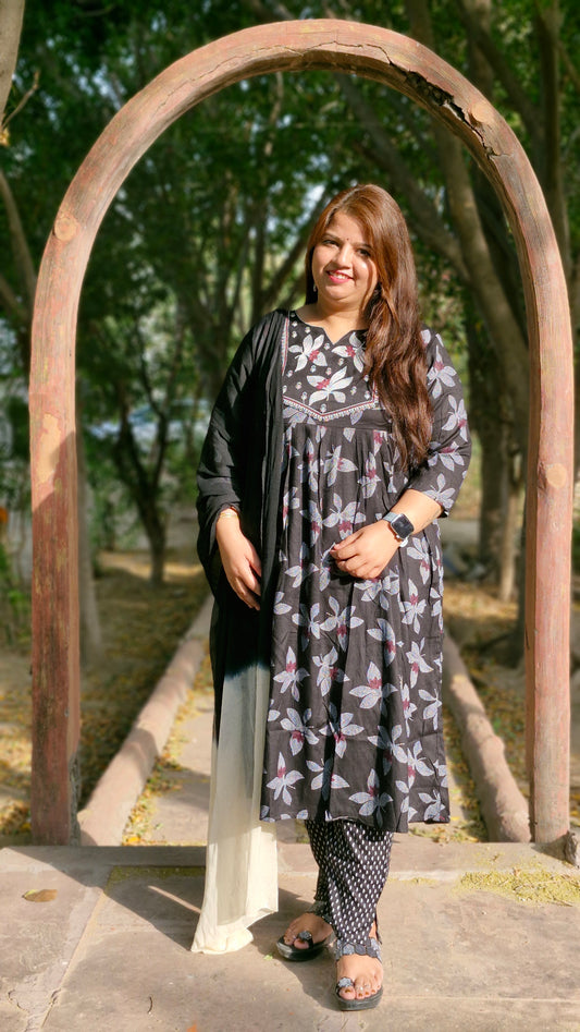 Black Bloom Printed Anarkali Suit Set