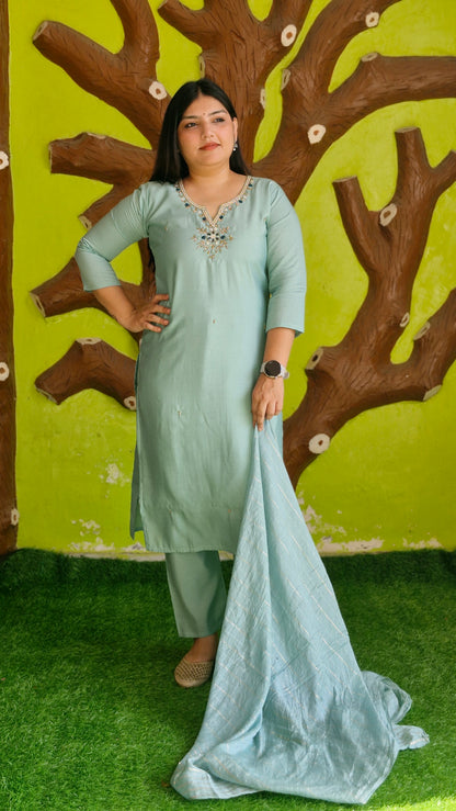 "Aqua Serenity" - Elegant Embroidered Kurta Set