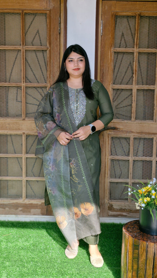 Olive Bloom Mirror Work Suit Set