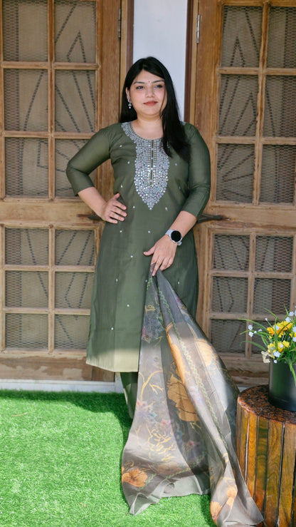 Olive Bloom Mirror Work Suit Set