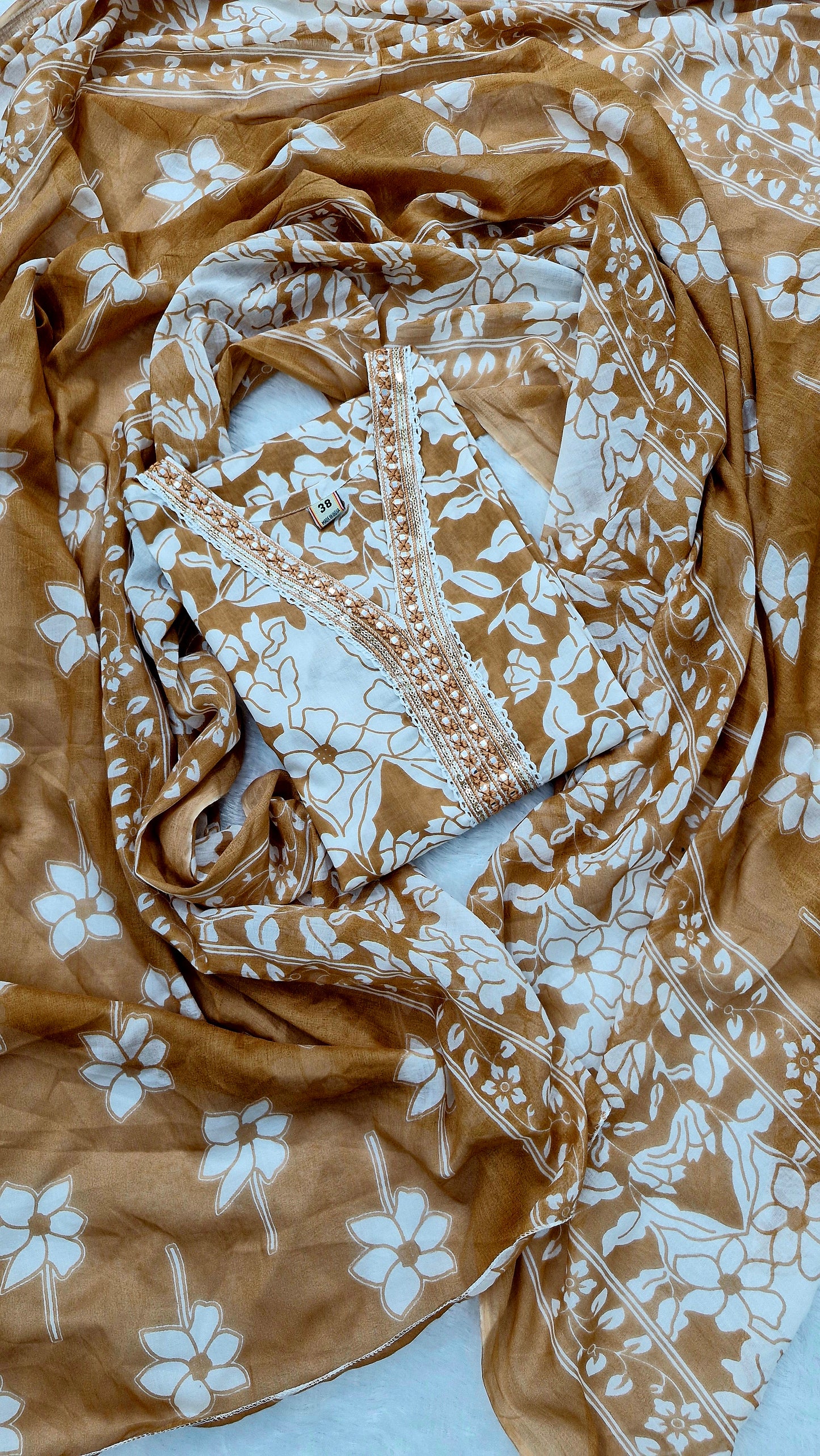 Sand Bloom Elegance - Handblock Printed Cotton Suit Set