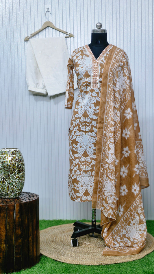 Sand Bloom Elegance - Handblock Printed Cotton Suit Set