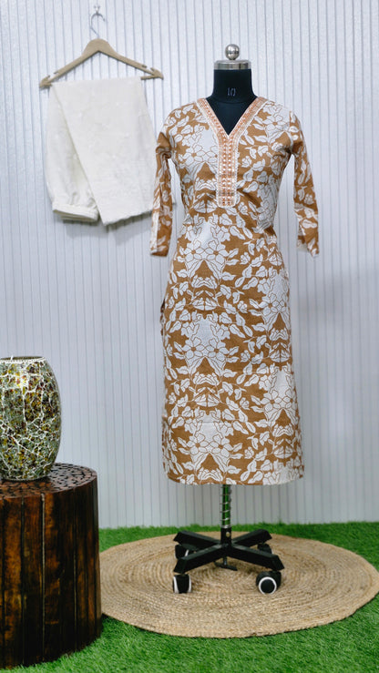 Sand Bloom Elegance - Handblock Printed Cotton Suit Set