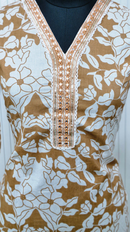 Sand Bloom Elegance - Handblock Printed Cotton Suit Set