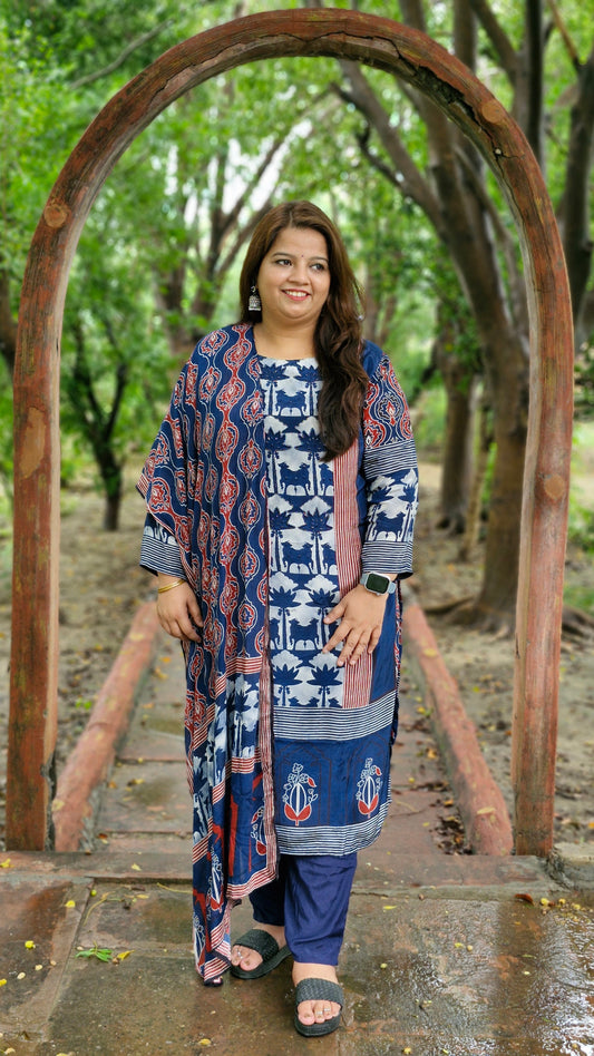 Indigo Handblock Print Modal Silk Three-Piece Suit