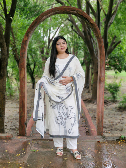 Ivory White Floral Threadwork Three-Piece Suit