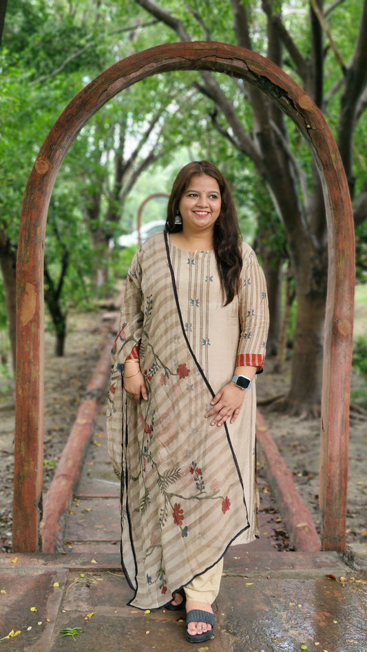 Beige Floral Soft Silk Three-Piece Suit with Stone Work