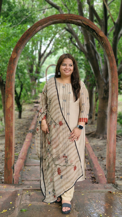 Beige Floral Soft Silk Three-Piece Suit with Stone Work