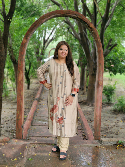 Beige Floral Soft Silk Three-Piece Suit with Stone Work