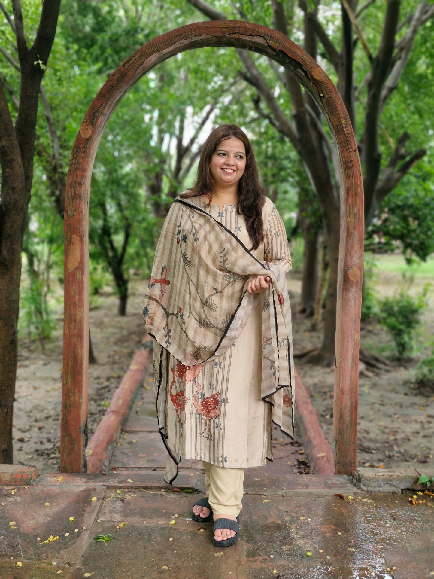 Beige Floral Soft Silk Three-Piece Suit with Stone Work