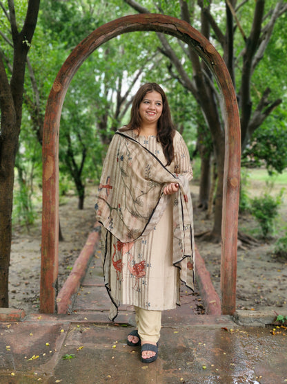Beige Floral Soft Silk Three-Piece Suit with Stone Work