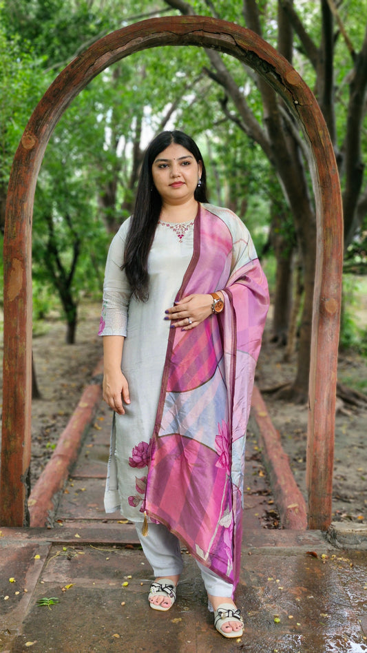 Soft Silver Grey Silk Three-Piece Suit with Floral Dupatta