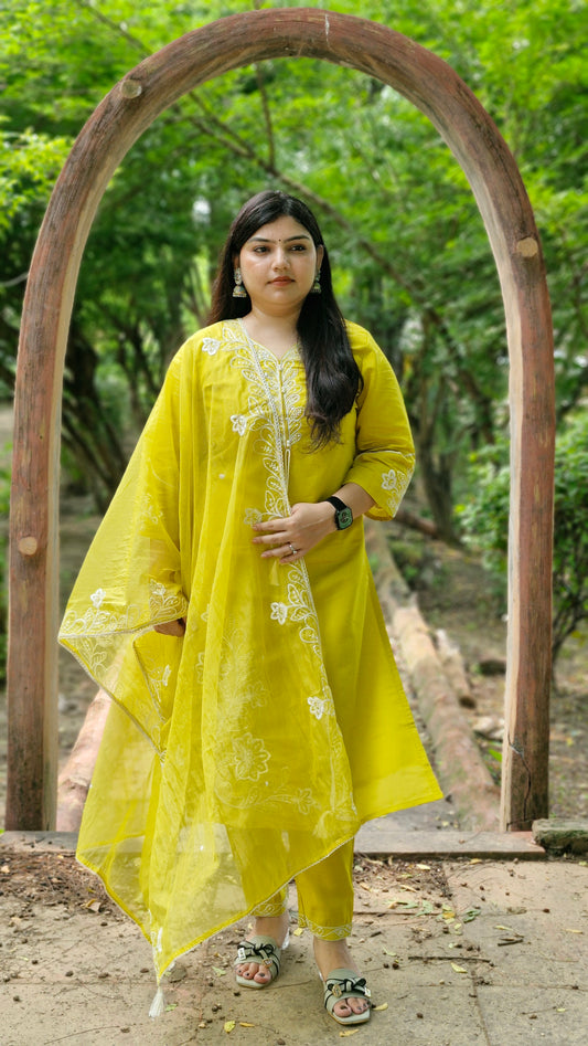 Sunlit Yellow Embroidered Dola Silk Suit Set