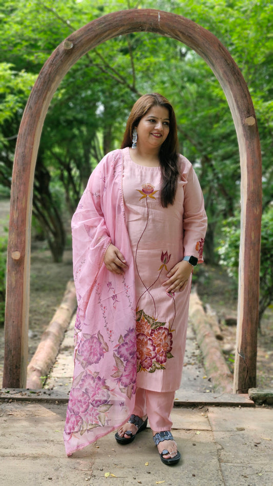 Blush Pink Floral Embroidered Cotton Silk Suit Set