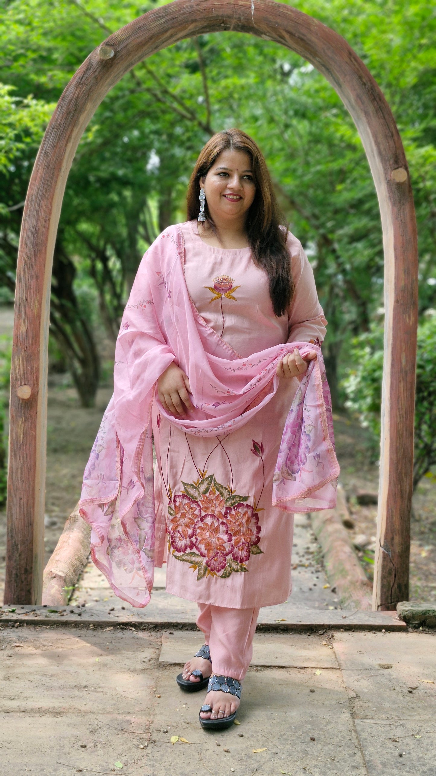 Blush Pink Floral Embroidered Cotton Silk Suit Set