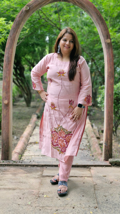 Blush Pink Floral Embroidered Cotton Silk Suit Set