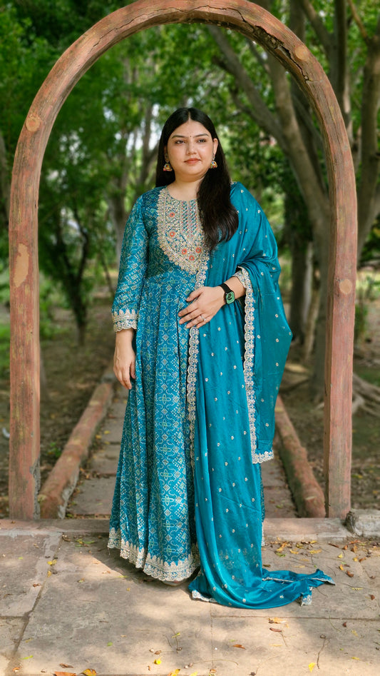 Teal Blue Bandhani Print Anarkali Suit – Three Piece Premium Set
