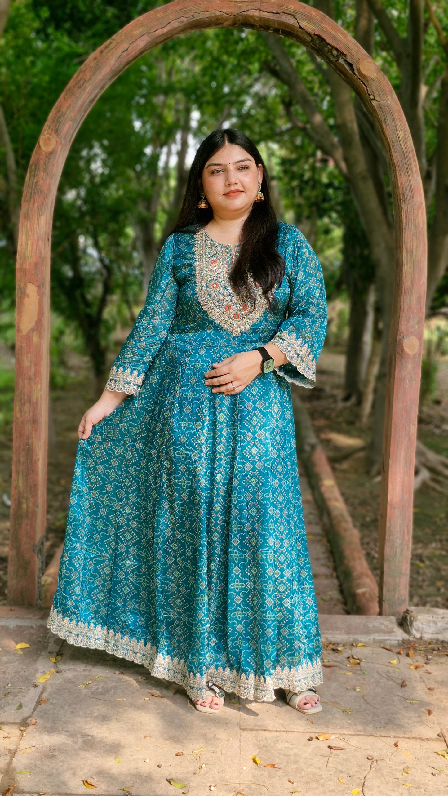 Teal Blue Bandhani Print Anarkali Suit – Three Piece Premium Set