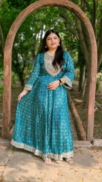 Teal Blue Bandhani Print Anarkali Suit – Three Piece Premium Set