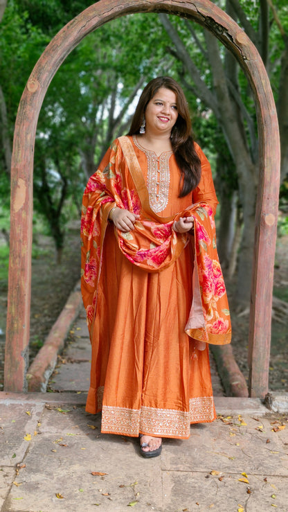 Vibrant Orange Embroidered Anarkali Suit – Two Piece Premium Set