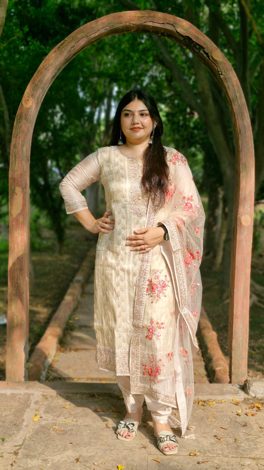 Noor-E-Cream – Embroidered Three-Piece Premium Suit Set