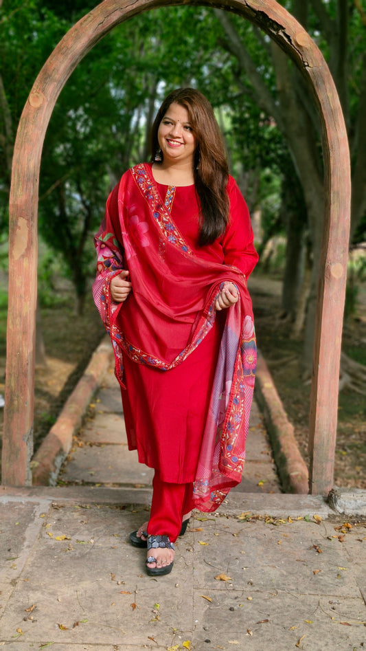 Crimson Bloom Cotton Silk Three-Piece Suit Set