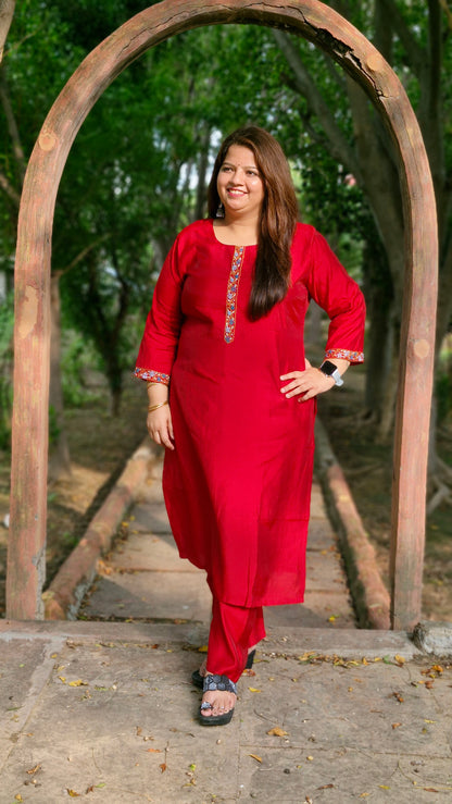 Crimson Bloom Cotton Silk Three-Piece Suit Set