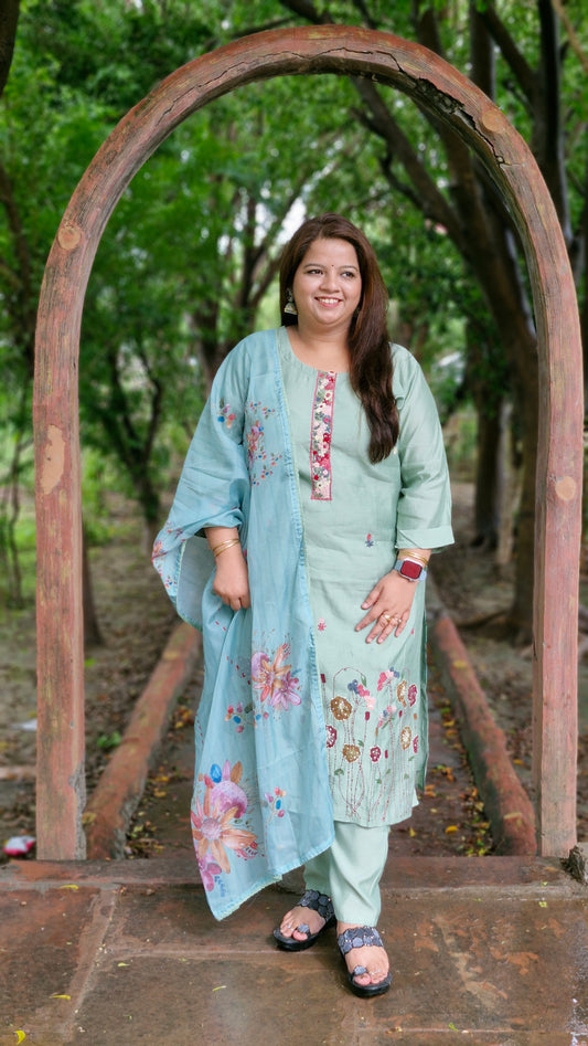 Mint Blossom – Embroidered Cotton Silk Suit Set