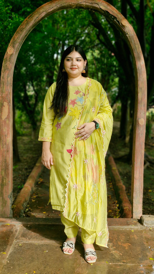 Lime Bloom Embroidered Three-Piece Dola Silk Suit Set