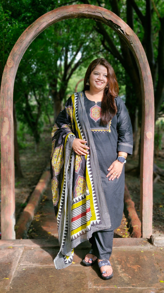 Charcoal Charm – Cotton Embroidered Suit Set