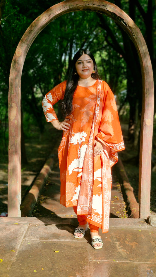 Kesari Bloom  Cotton Three-Piece Suit with Elegant Thread Work