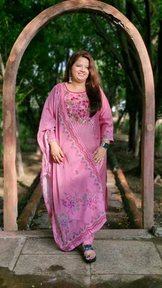Dusky Rose  Embroidered Cotton Silk Three-Piece Suit Set