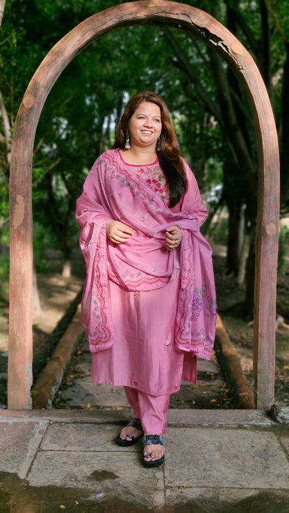 Dusky Rose  Embroidered Cotton Silk Three-Piece Suit Set