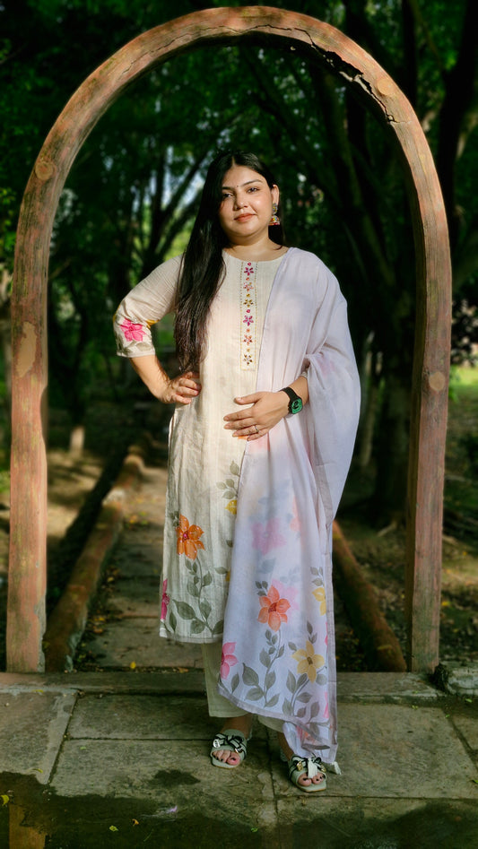 Petal Haze – Ivory Cotton Three-Piece Suit Set