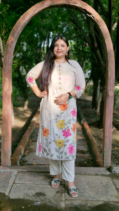 Petal Haze – Ivory Cotton Three-Piece Suit Set