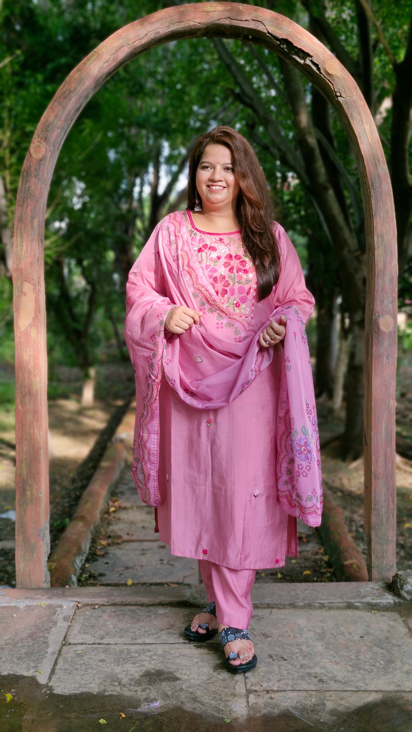 Dusky Rose  Embroidered Cotton Silk Three-Piece Suit Set