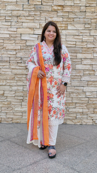 Vibrant Peach & Orange Floral Printed Suit
