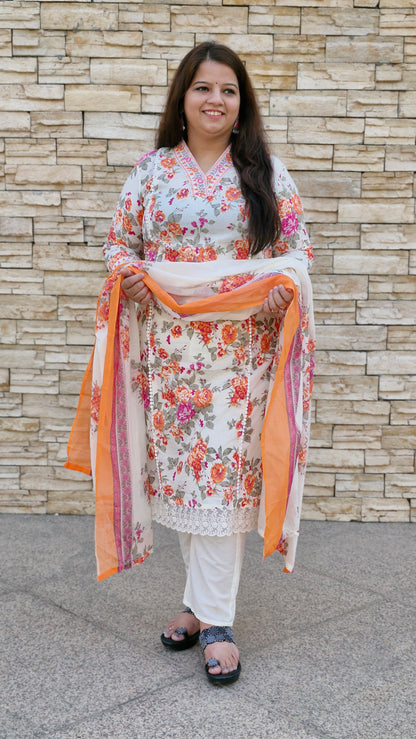 Vibrant Peach & Orange Floral Printed Suit