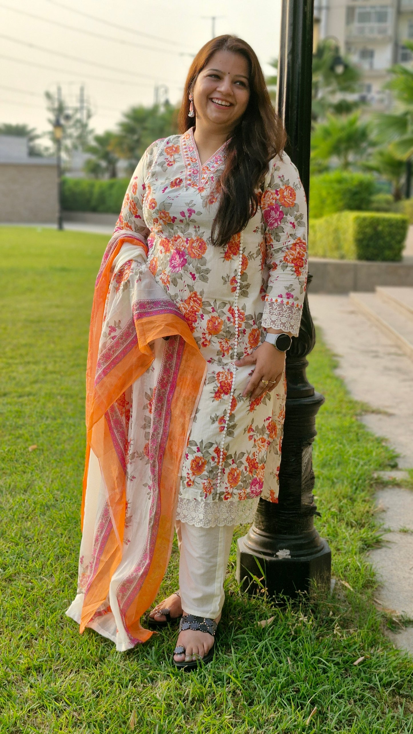 Vibrant Peach & Orange Floral Printed Suit