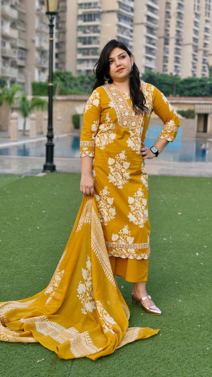 Mustard Yellow Elegance Embroidered Cotton Suit Set