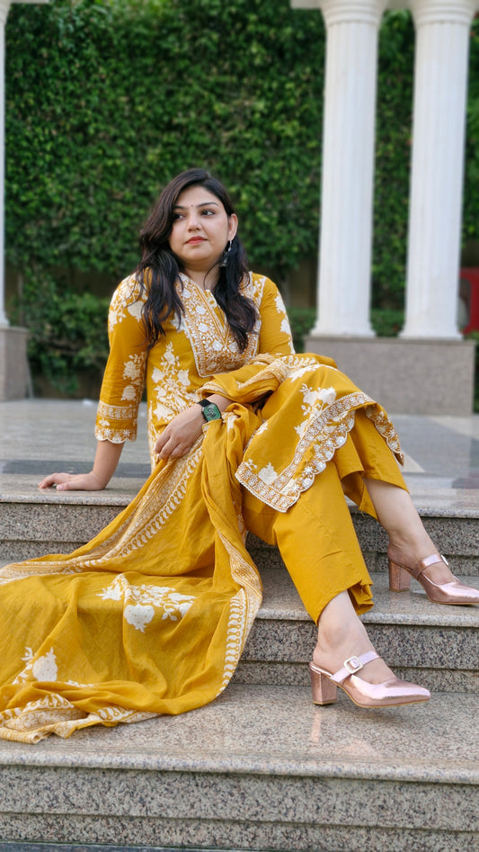 Mustard Yellow Elegance Embroidered Cotton Suit Set